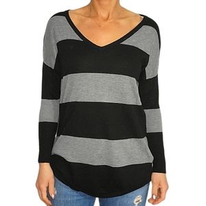 Joie Black and Gray Striped V-Neck Sweater